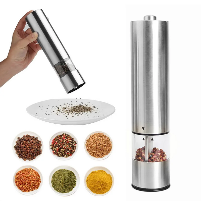 stylish modern design Electric salt or pepper grinder with light battery operated automatic grinder frosted plastic easy grip