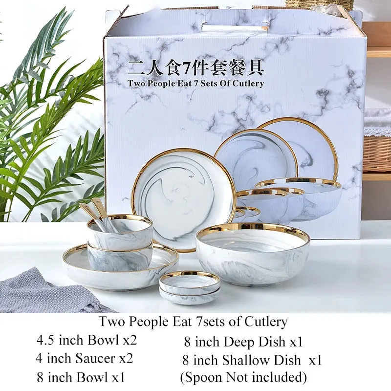 

Marble Ceramic Cutlery Porcelain Plates 8 Inch Ceramic Dinner Dish Tableware Dinner Set Marble Bowl Gold Side Exquisite Stroke