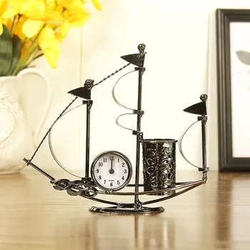 

Retro Metal Ship Model Sculpture For Home Decoration Alarm Clock Ornaments Gifts For Students Desk Figurines Decor Accessories