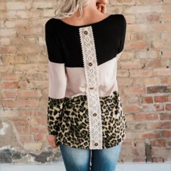 

style leopard patchwork woman T spring and autumn long sleeve T o-neck casual loose top Tees