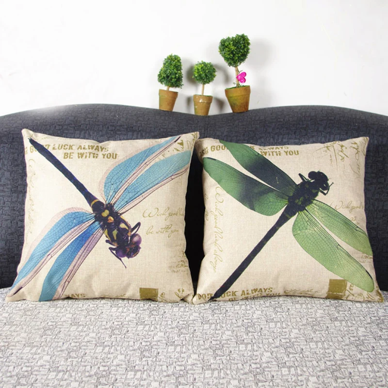 

18 X 18 Inch Cotton Linen Retro Vintage Home Decorative Indoor Pillow Sham Dragonfly Pattern Cushion Cover