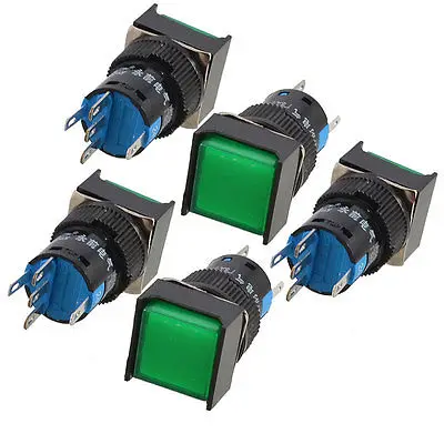 

5 Pcs Green Square Cap DC 24V Light SPDT 5 Pins Push Button Switch
