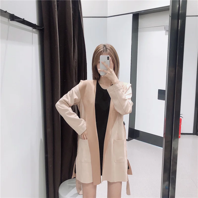 OMIKRON New Loose Warm Wool Blends Long Winter Hooded Coat Adjustable Belt Wool Coats Women Office Work Wear Elegant Outerwear