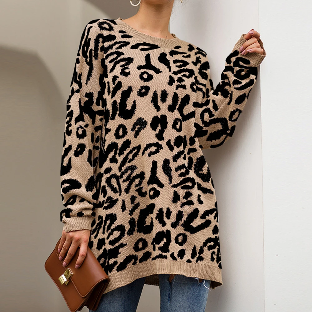 

Fashion Women's Leopard Sweater women's Sweater long-sleeved Long Sweater Loose Round Neck Leopard Print Sweater