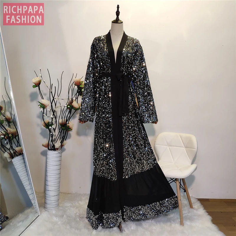 Черный ИД абайя Дубай кафтан кимоно кардиган мусульманский хиджаб платье