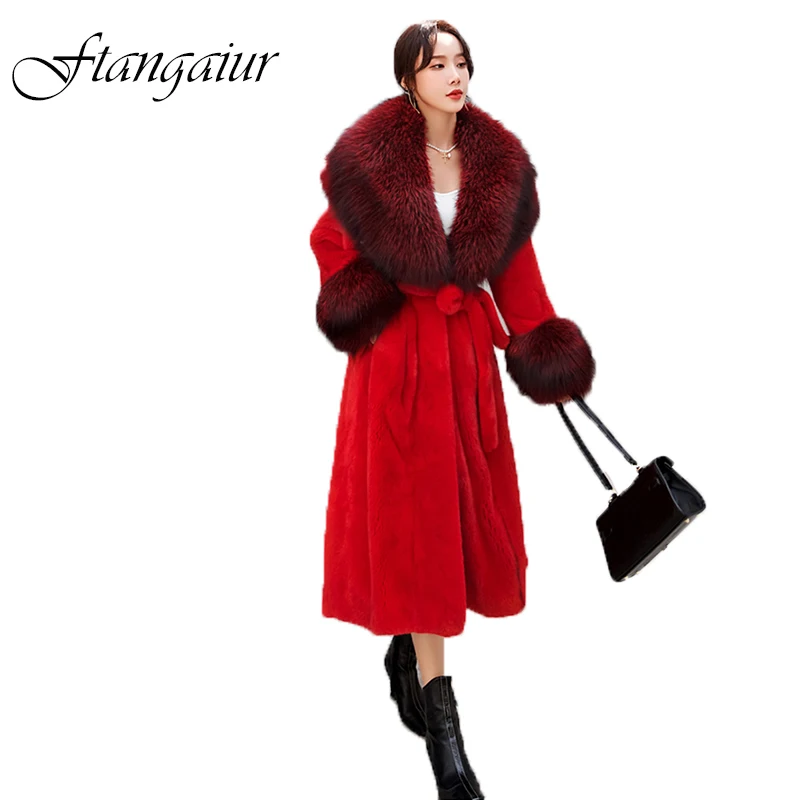 Ftangaiur 겨울 수입 보라색 표준 벨벳 밍크 모피 코트 골든 아일랜드 여우 모피 여성 X-긴 자연 진짜 밍크 코트