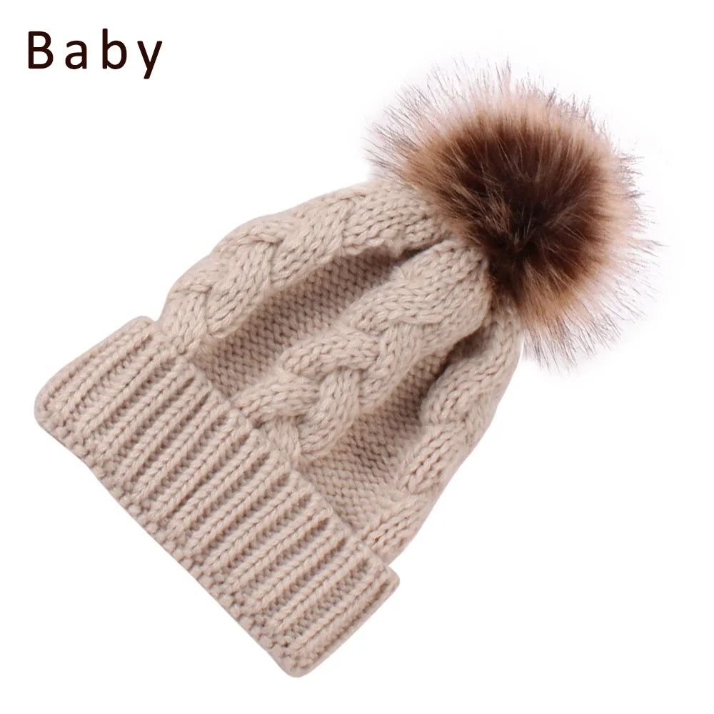 Khaki Baby Мама и детская зимняя шапка мягкая теплая меховая Шапка-бини с помпонами вязаные трикотажные шапки для мамы и меня Повседневная теплая шапка для детей - Цвет: Khaki Baby