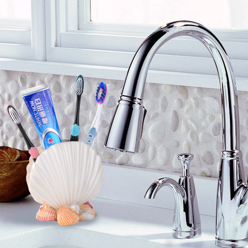 Nordic Mediterranean Style Toothbrush Holder Shell Shape Exquisite Resin Bathroom Toothpaste Storage Home Desktop Decoration