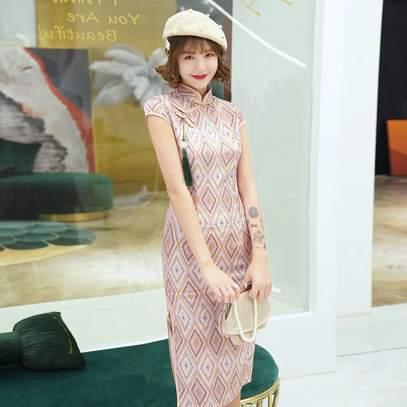 

New Women's Geometric Figure Pattern Cheongsam Dress Female Chinese Style Geometric Figure Design Qipao Dress 4XL Big Size
