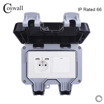 

Coswall IP66 Waterproof Outdoor French Standard Wall Socket With 2 USB Charge Port + 1 Gang Momentary Contact Push Button Switch