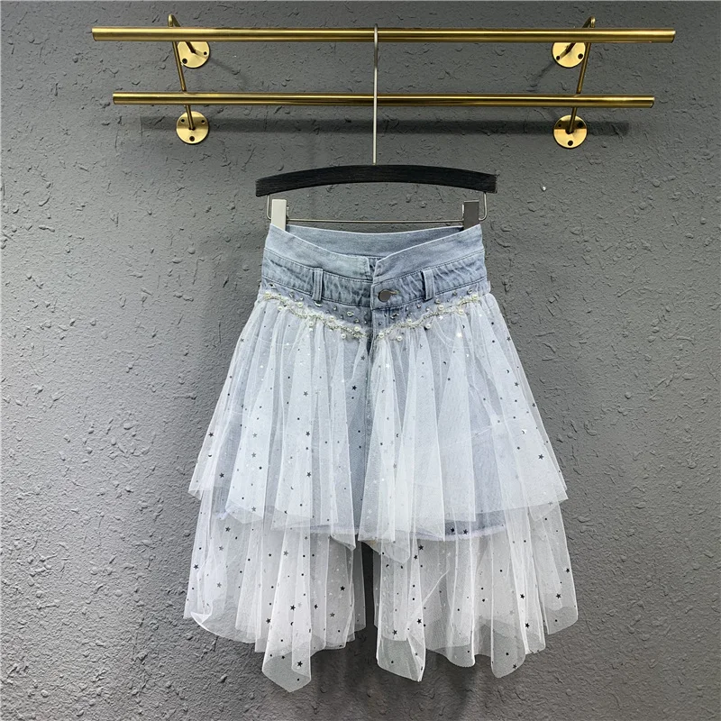 Mesh Splice A-Line Denim Skirt Women Summer Fashion Nail Drill High waist Female Plus size Casual Midi Knee Length Skirts | Женская