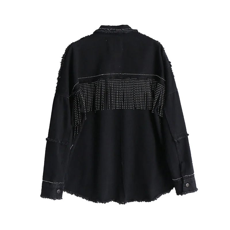 Женская Черная Свободная джинсовая куртка, пальто с блестками и кисточками, уличная одежда, универсальная верхняя одежда с металлическими пуговицами