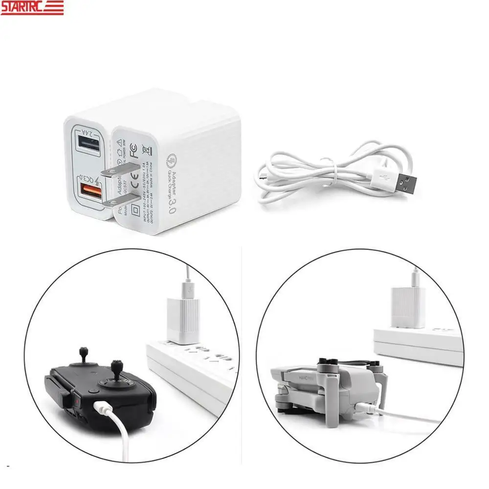 Super Sale RQO STARTRC 3.0 Quick Charge Adapter Dual USB Ports Plug Charger With 1M QC Cable For DJI Mavic Mini Drone Accessories 