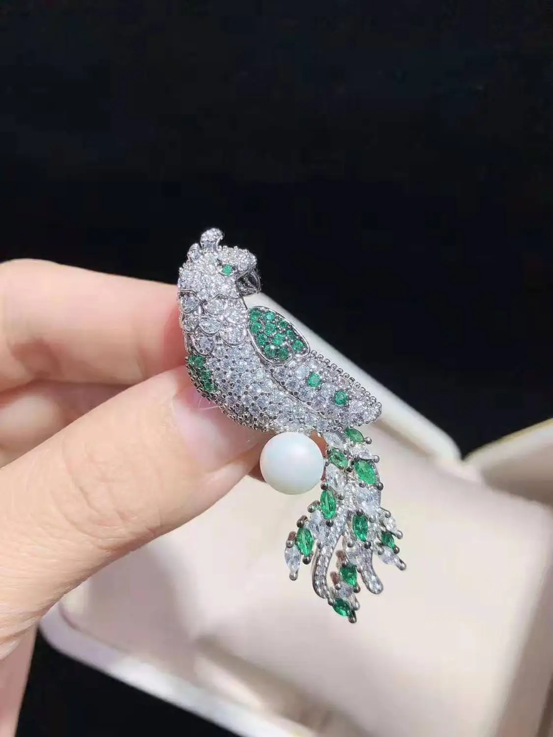 New Women's White Shell Pearl Golden Plated Mixed Color CZ Micro Parrot Brooch