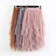 Fashion Party Skirt Elastic High Waist Long Tulle Skirt Women Irregular Hem Mesh Tutu Skirt Ladies