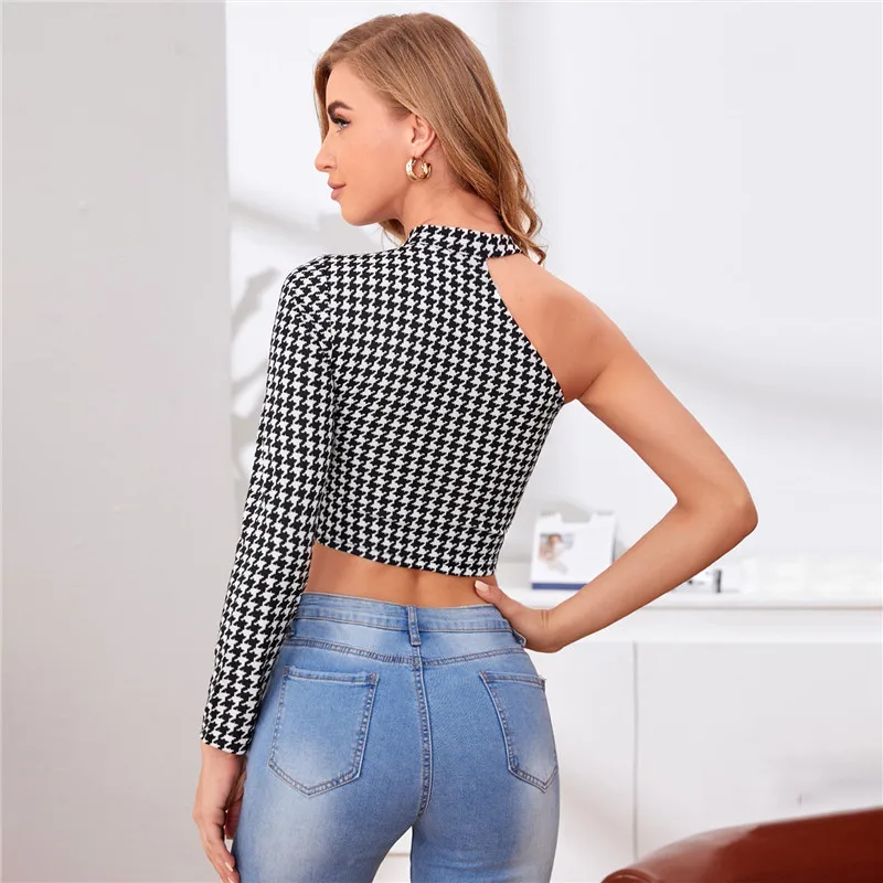 New Women Black White Plaid Crop Top Cutout Round Neck One Shoulder Long Sleeve Short T-shirt Lady Sexy Party Wear