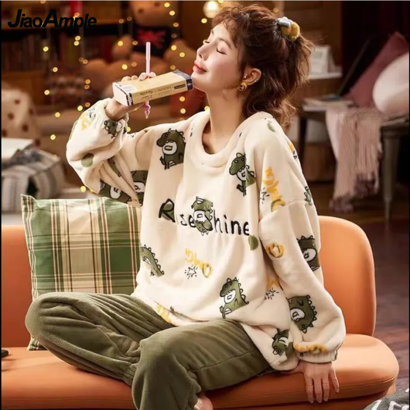 2021 Winter New Coral Velvet Pajamas Women's Long-sleeved Trousers Pijamas Two-piece Korean Cute Cartoon Sleepwear Set