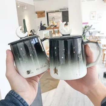

400ml Creative Gradient Starry Sky Ceramic Mug with Lid Spoon Star Moon Business Student Couple Coffee Milk Cup