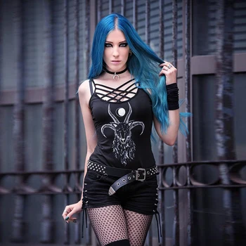 

Gothic Criss Cross Plus Size Tank Tops Woman Sexy Hollow Out Goat Print Spaghetti Strap Tees Summer Clothes Bodycon Camis