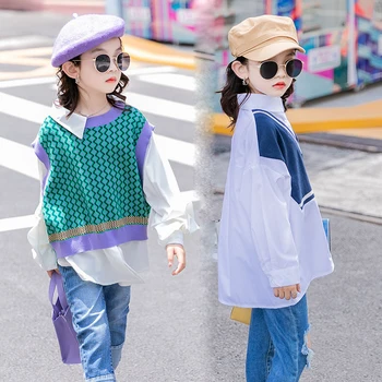 

School Children's Shirts for Teenage Girls Knitted Pullover Tops Blouses Patchwork Fake Two Pieces Shirt Autumn Long Sleeve Tops