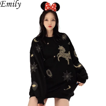 

New Casual Women Hoodies Horse Embroidery Round Neck Ladies Sweatshirt Long Sleeve Loose Cotton Pullovers Jumpers