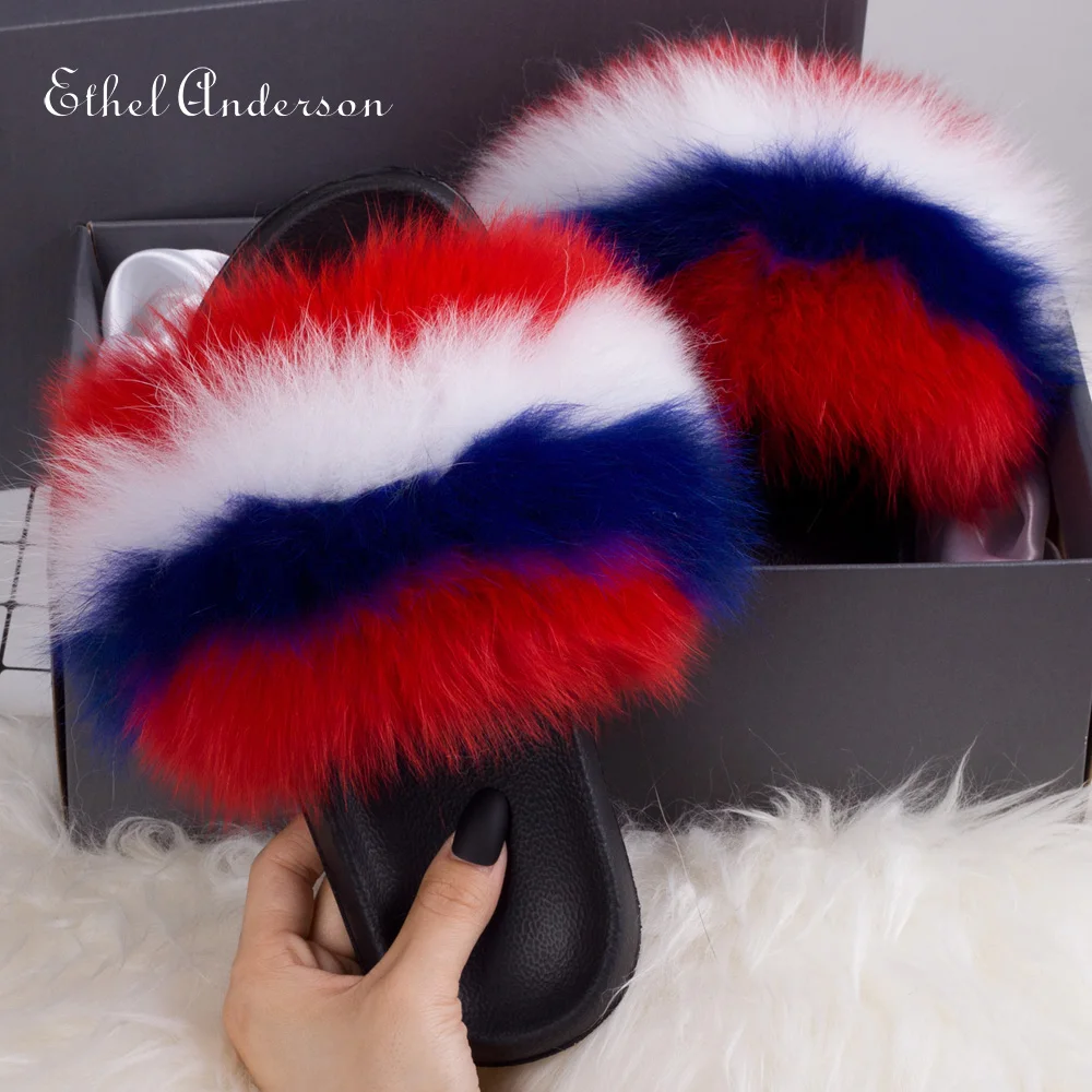2021 Hot Sale Women Real Fox Fur Slippers Multi-color Summer Fashion Slides Casual Female Furry Shoes