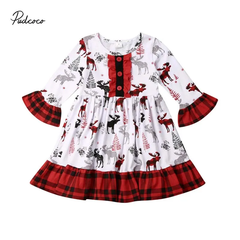 Коллекция года, брендовые рождественские вечерние платья в клетку с оленем для маленьких девочек вечерние платья с длинными рукавами для девочек