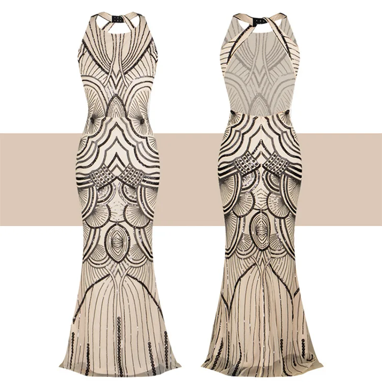 Apricot black Женское платье 1920s Great Gatsby, длинное платье 20 s, винтажное платье с круглым вырезом, без рукавов, с открытой спиной, макси, вечерние платья для выпускного вечера, коктейльное платье - Цвет: Apricot black