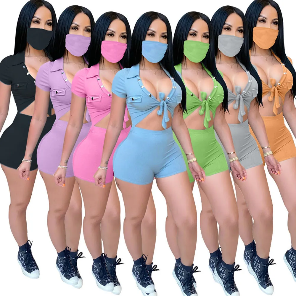 Sexy Deep V-neck Bodycon Playsuit Romper Women Short Sleeve Hollow Out Bow Tie Summer Jumpsuit Shorts Party Club Bodysuits Mask |
