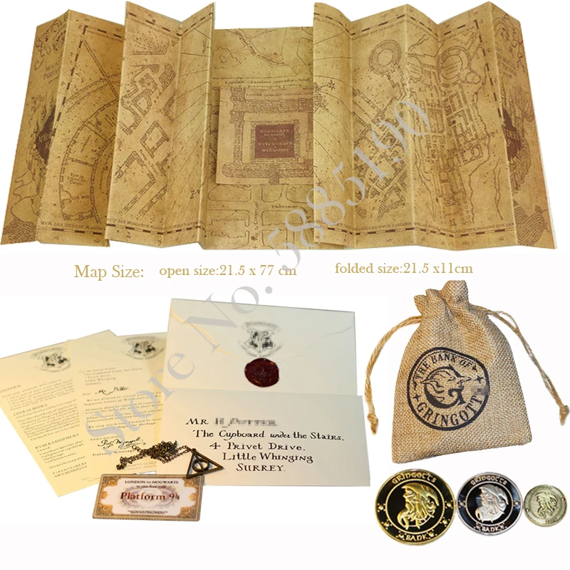 Mapa de la escuela mágica de Harry Potter, carta de recepción, carta Express, reliquias de muerte, collar, Banco Gringott, monedas y bolsa