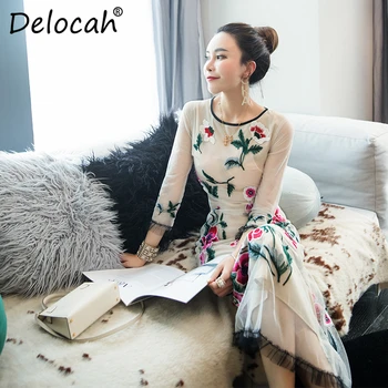 

Delocah 2019 New Autumn Winter Women Dress Runway Fashion Designer Gorgeous Embroidery Elegant Ladys Mesh Holiday A-Line Dresses