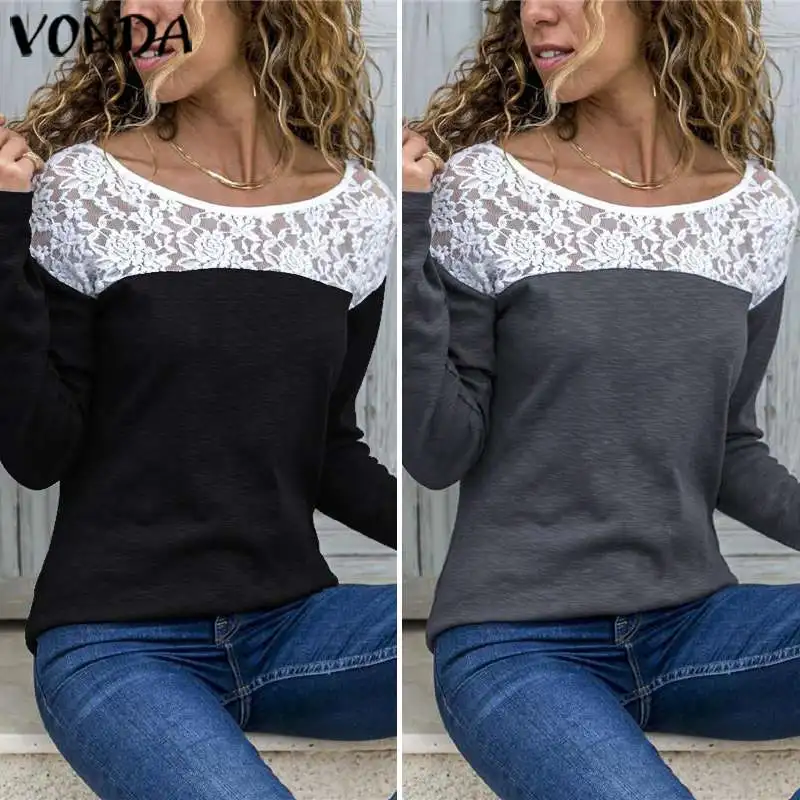 VONDA блузки из хлопка, женские сексуальные осенние Рубашки с круглым вырезом и длинным рукавом, женские кружевные лоскутные топы и блузки, богемные блузки для беременных