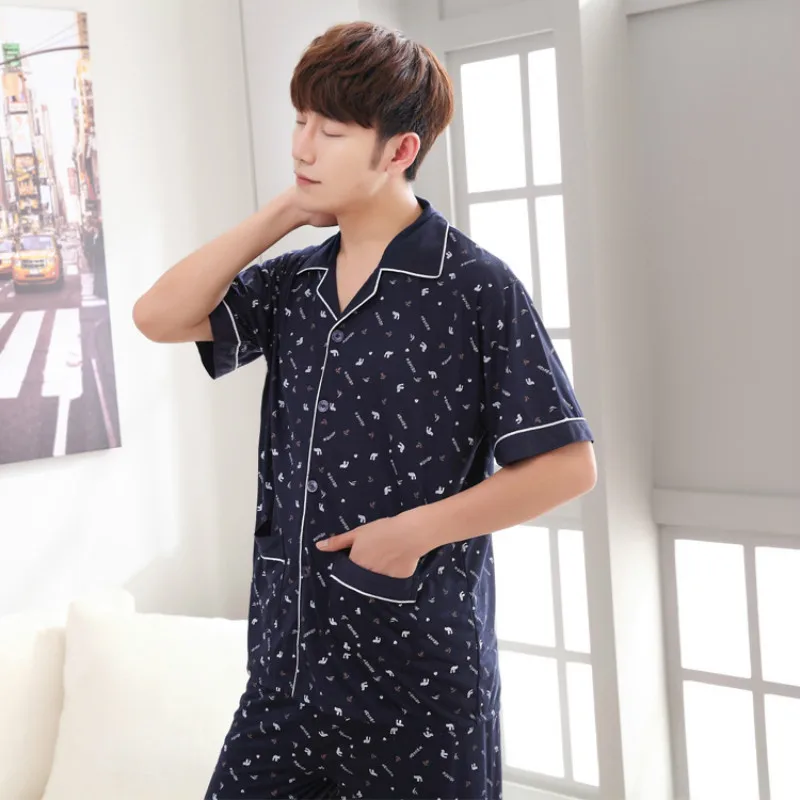 Men's Cotton Pajamas Set Blue Homewear 
