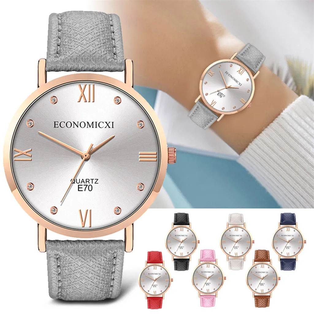

Fashion Women's Leather Strap Wrist Watches Rhinestone Quartz Analog Round Wrist Watches Foe Women montre femme 2020 FJSL