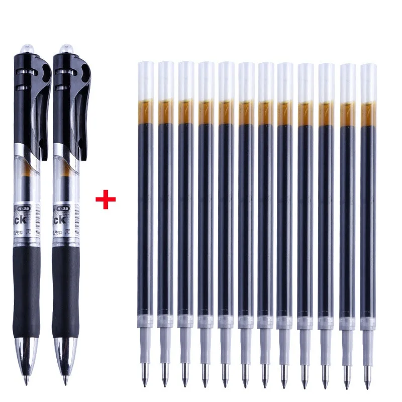 (Set of 2Pen+10 Refills) Press Type Gel Pen Black/blue/red Ink Bullet Spring 0.5 Mm School and Office Supplies (not Erasable) 5