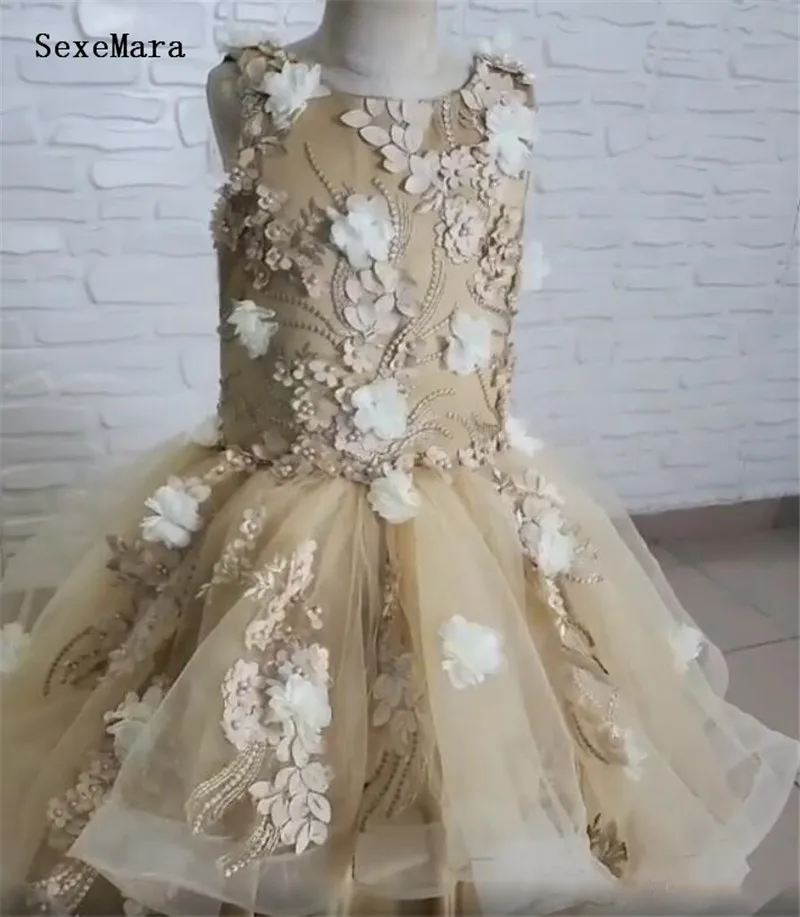 Real Picture Gold Satin Flowers Ball Gown Little Girls Clothes for Party O Neck Long Pageant Prom Dress Custom Made