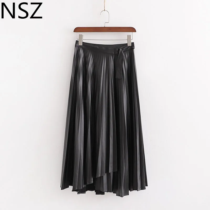 NSZ женская черная плиссированная юбка из искусственной кожи с высокой талией, свободные винтажные трапециевидные миди юбки