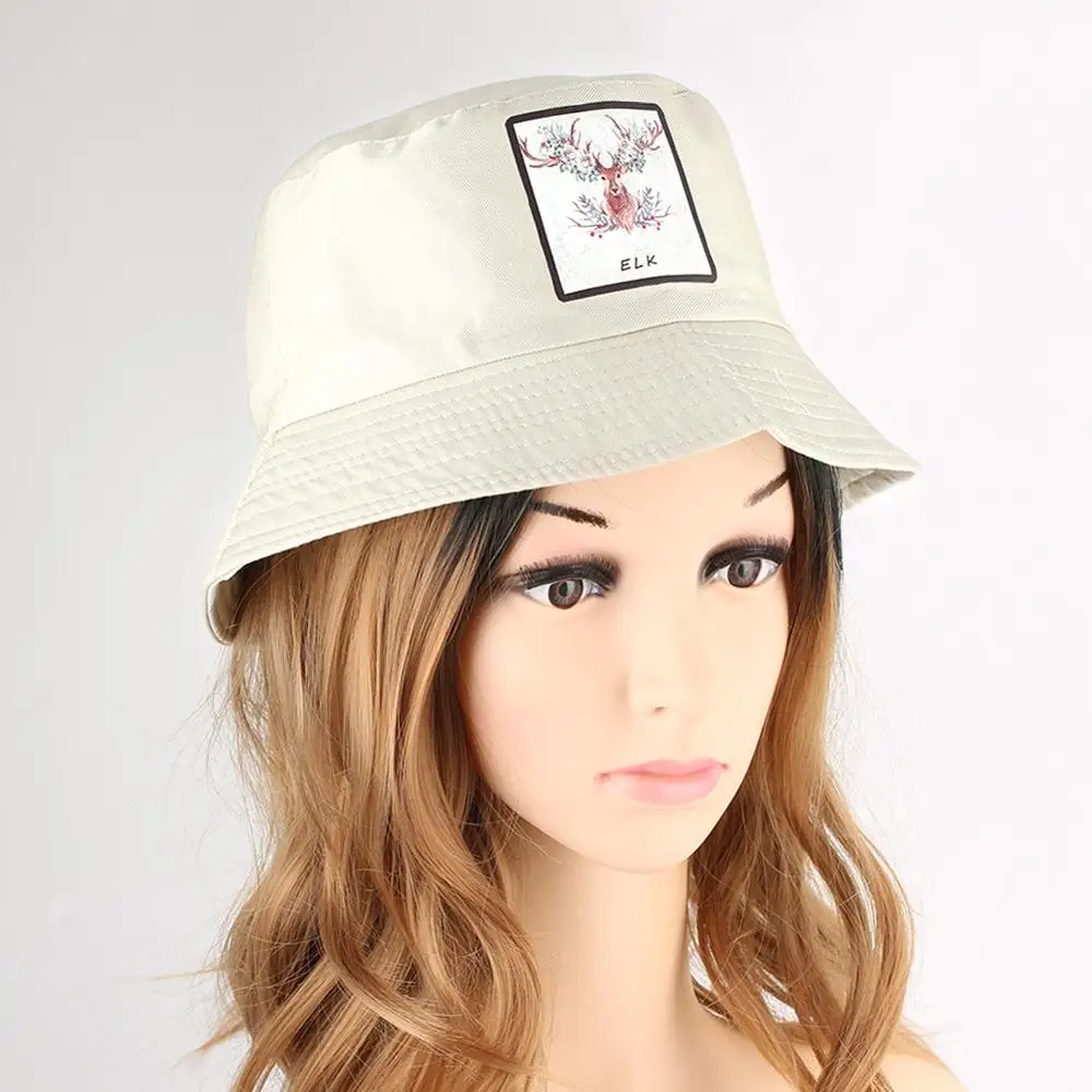 Summer Women Bucket Hats Fishing Flat Fisherman Men Elk Print White Sun Hat Cotton Unisex Children Large Sunscreen Cap