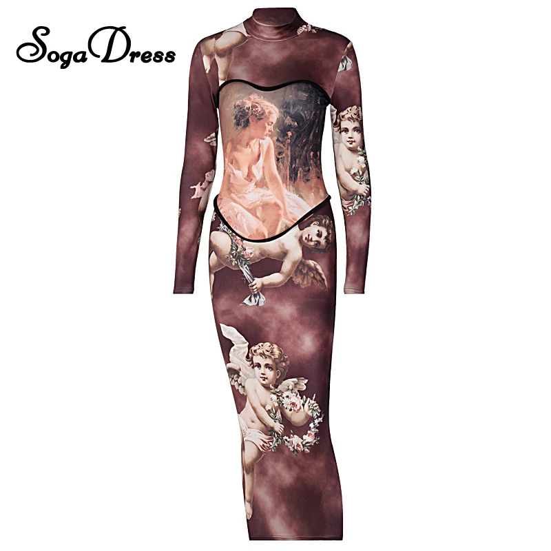 

SOGA DRESS 2020 Autumn Winter Woman Fashion Long Sleeve Maxi Dress Brown Print Patchwork Bodycon Elegant Casual Office Dresses