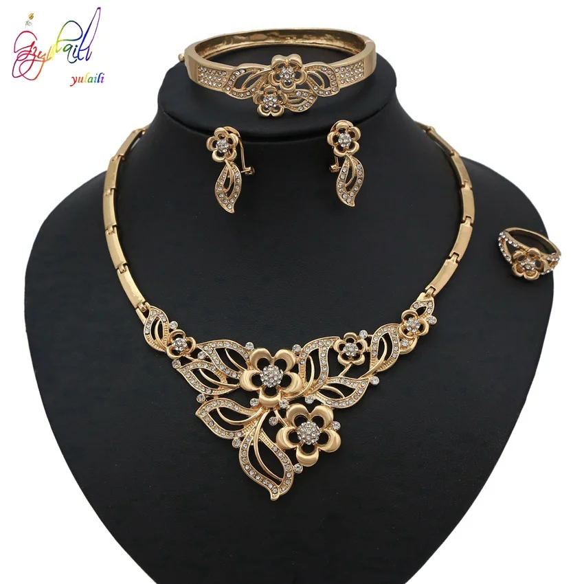 

Yulaili New Trendy Austria Crystal Flower Italy Gold Necklace Charm Stud Earring African Nigeria Wedding Bridal Jewelry Sets