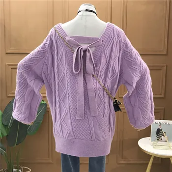 

2019 Autumn Winter New Long-sleeved Sweater Female Loose Back Lace-up Solid Jumper Knitting Pullover Women Casual Sweaters Femme