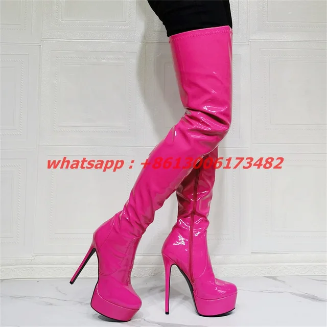 real photos woman super large size rose pink patent leather high heel  platform thigh high boots over knee platform boots woman - AliExpress Shoes
