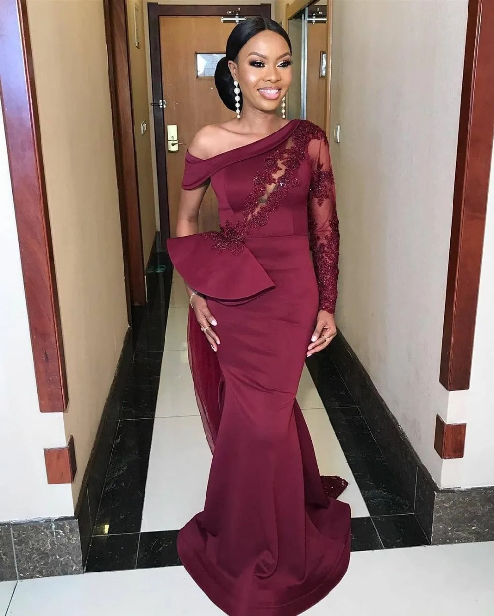 Burgundy Lace Beaded Bridesmaid Dresses Mermaid Cheap Guests Dresses Sexy Formal Maid Of Honor Gowns Aso Ebi 0