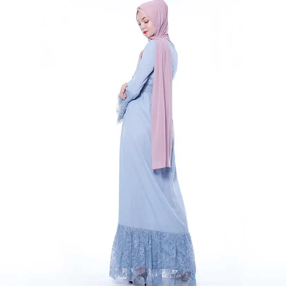 Модное кружевное платье abaya с оборками jilbaw Дубайский мусульманский Женский Платье макси с длинным рукавом исламское платье-Кафтан с поясом одежда Ближний Восток