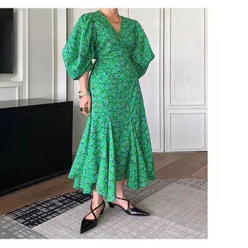 

Luxury Flowers Print Dresses 2020 Summer Runway Lantern Sleeves dress V-Neck Ruffled Cotton High Quality Hot Sale Green Dress