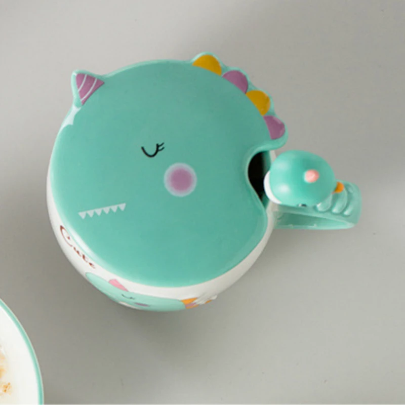 350ML Cute Cartoon Dinosaur Ceramic Mug With Lid Spoon Milk Breakfast Mug Ladies Office Mug Childrens Breakfast Mug
