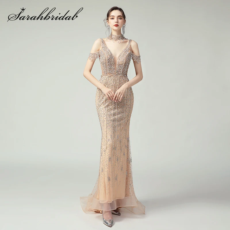 

New Sexy Back Women Evening Dress Elegant V Neck Trumpet Tulle Crystal Pearls Sweep Train Long Formal Party Gowns vestido 5741