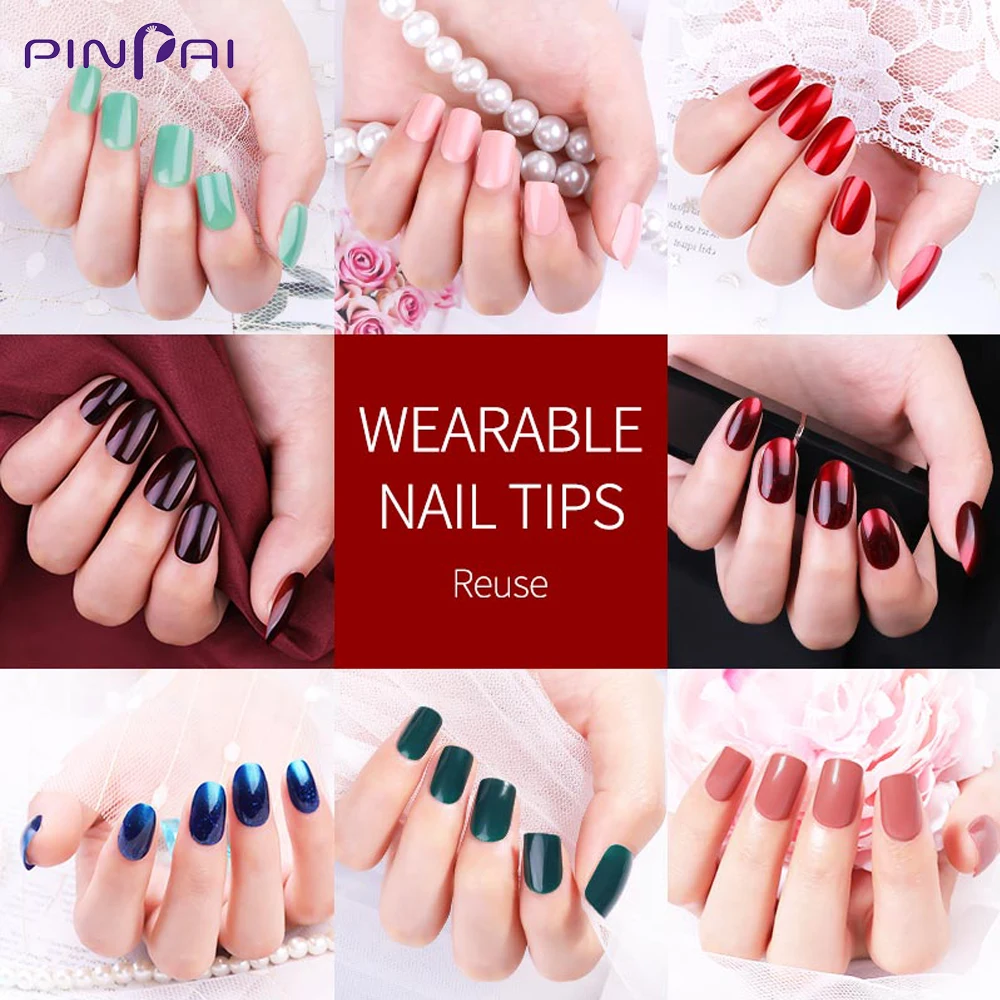 PinPai 24 Pcs/Set Shining False Nail Tips Reusable Full Cover Artificial Fake Tips Nails Press On Nails Art Fake Extension Tips