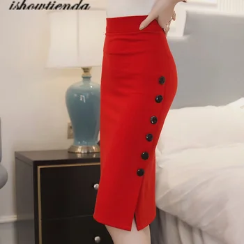 

Women Elegant Slim Pencil Skirts High Waist Ladies Skirt Side Split Button Office Ladies Fitted Skirts