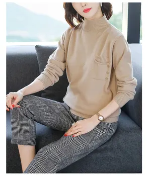 

Autumn and winter new Korean version of solid color half turtleneck pullover sweater women loose long sleeve knitted bottoming